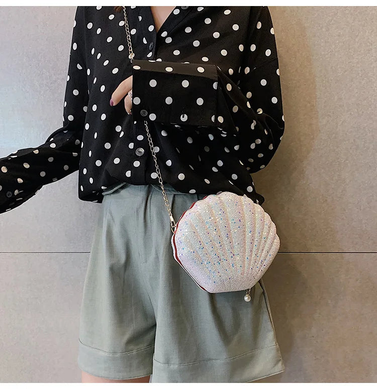 Women Shoulder Handbags Shell Bag Chain Cute Sequins Small Bag Phone Money Pouch Zipper Crossbody Bags for Women Bolsa Feminina