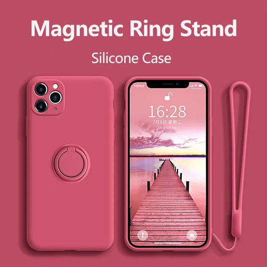 جراب هاتف من السيليكون السائل مع حامل مغناطيسي لهاتف iPhone 14 13 12 11 Pro Mini XR X XS Max 7 8 Plus Se 2020