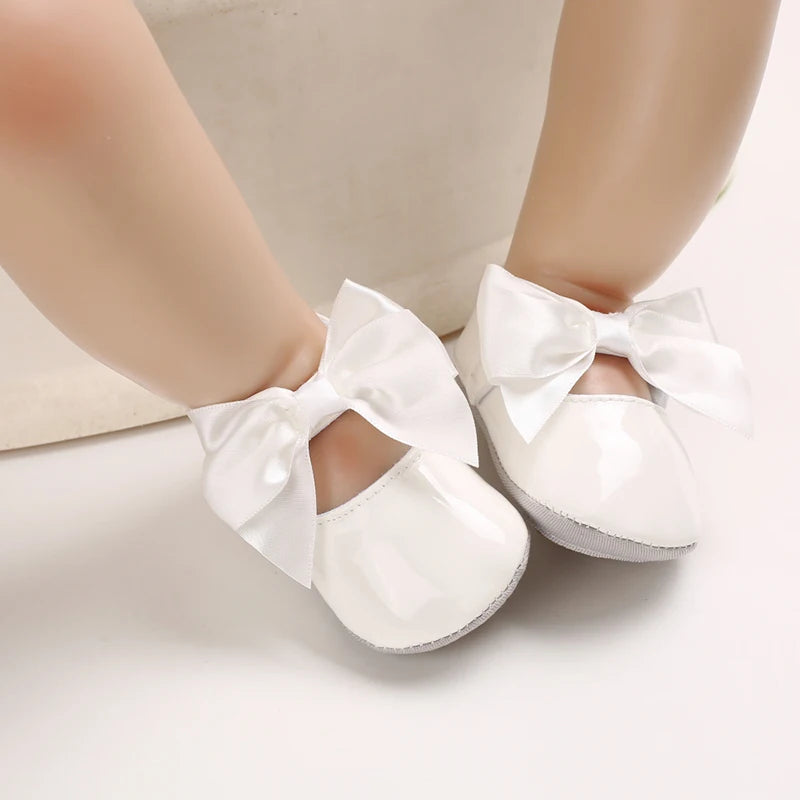 Solid color baby shoes, newborn baptism baby shoes  girls' non slip rubber soles baby bow princess shoes fashionable shoes