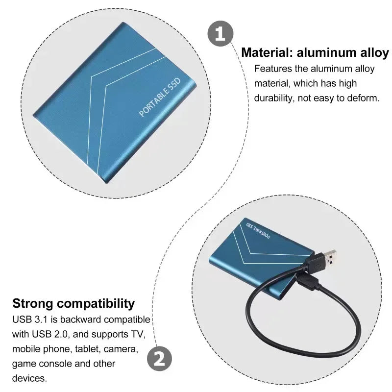 1TB External Hard Drive Portable SSD 2TB Hard Disk Storage High-Speed External Solid State Drive USB3.1/Type-C For Laptop/Mac/PS