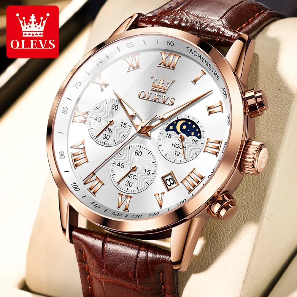 OLEVS Luxury Quartz Watch for Men Business Waterproof Sport Male Watches Leather Strap Moon Phase Wristwatch Relogios Masculino