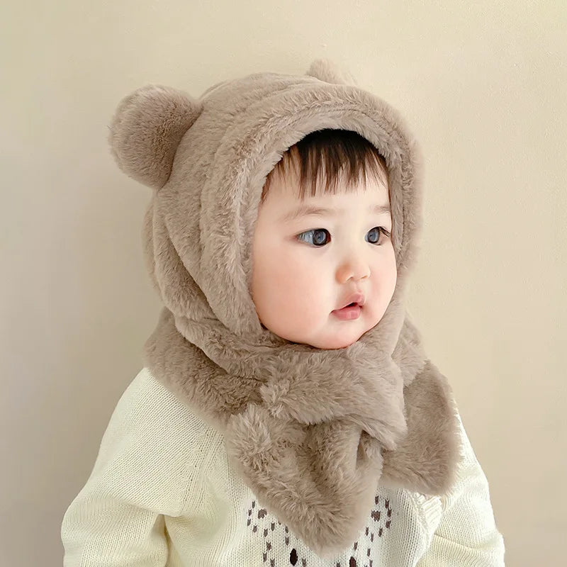 Winter Baby Hat Scarf One-Piece Faux Fur Kids Hats Cartoon Bear Warm Neck Ear Cap for Boys Girls Windproof Beanies Infant Stuffs