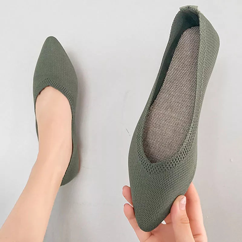 Solid Color Pointed Toe Shallow Women Flats Shoes Mesh Loafers Soft Bottom Knit Ballet Flats Shoes Lazy Slip on Boat Shoes