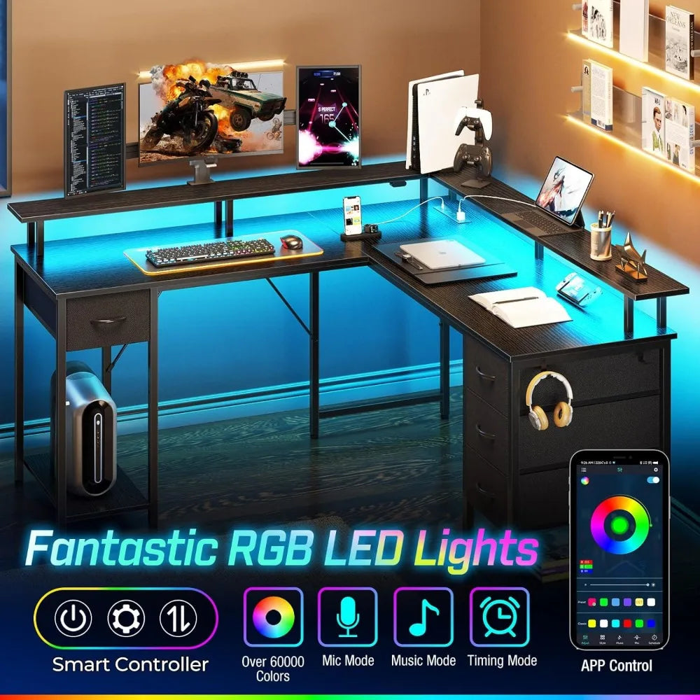 مكتب ألعاب على شكل حرف L مع 4 أدراج، ومكاتب كمبيوتر وإضاءة LED ومنافذ طاقة، وأرفف مكتب منزلي وشاشة لغرفة المعيشة، لون أسود