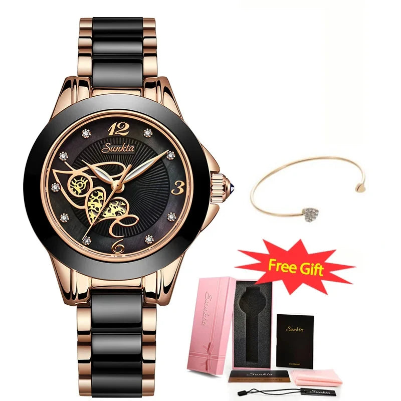 SUNKTA Brand Luxury Women Watches Black Ceramic Diamond Ladies Watch Waterproof Quartz Wristwatch Relogios Femininos Clock Gift