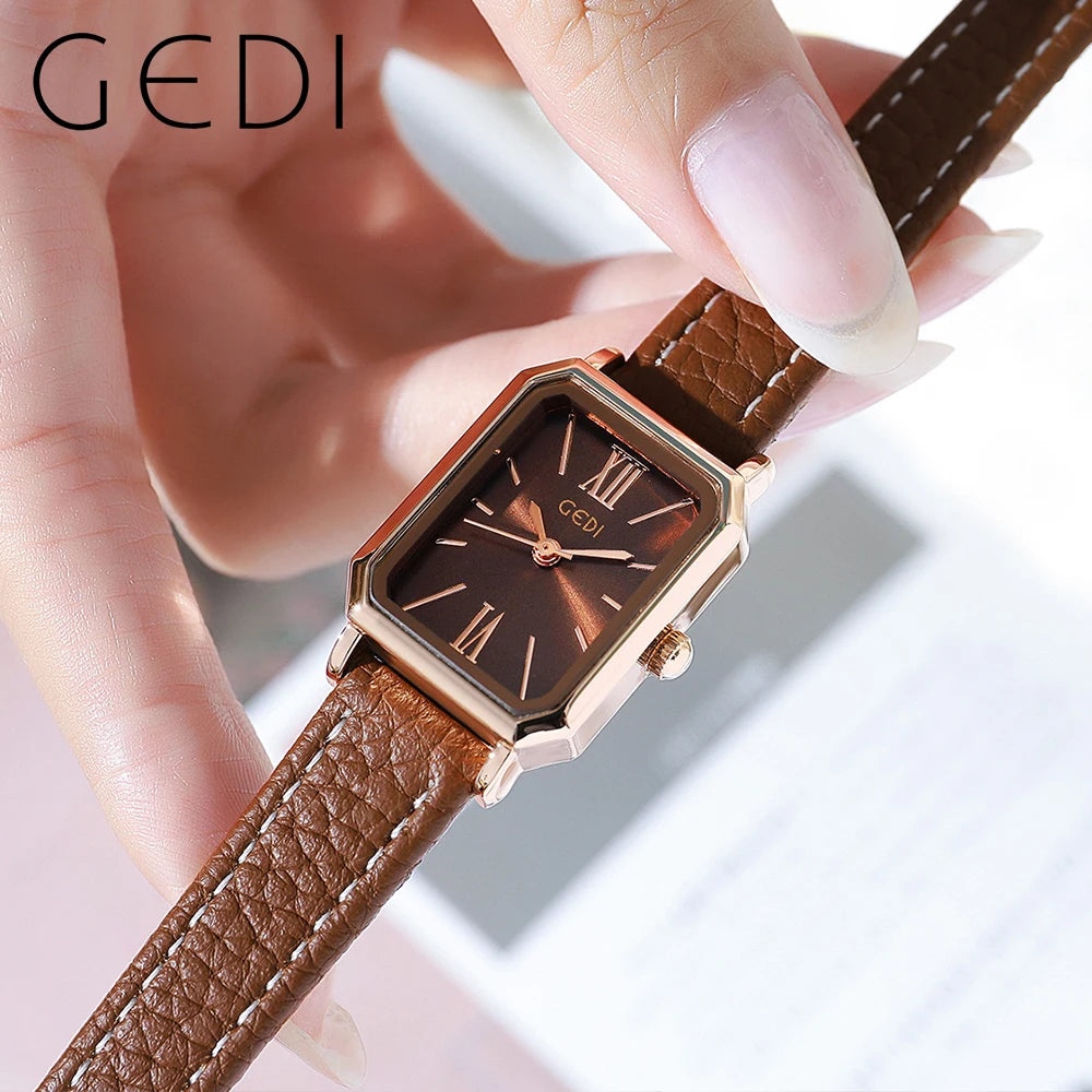 GEDI Waterproof Rectangle Small Women Watches Fashion Vintage Coffee Female Wristwatch Leather Strap Casual Quartz Ladies Clock