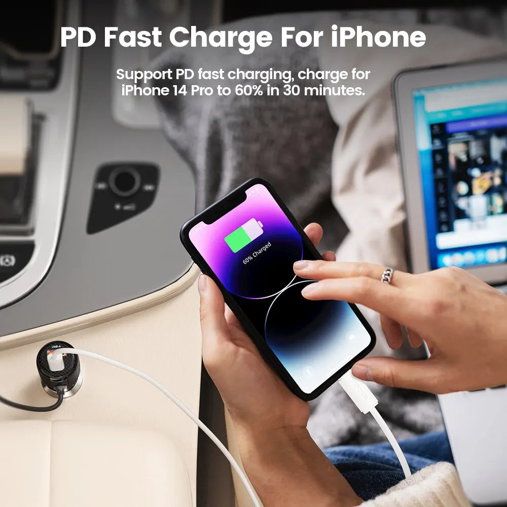 شاحن سيارة Toocki USB 110 واط، شحن سريع 4.0، شاحن سيارة شفاف من النوع C، مع كابل من النوع C لهاتف Xiaomi iPhone Samsung S2