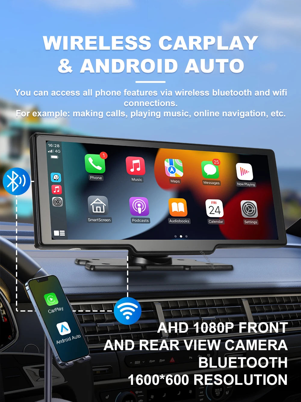 Universal 7 9.26Inch Car Radio Multimedia Player Wireless CarPlay Android Auto Monitor Touch Screen with Rear View Camera AUX