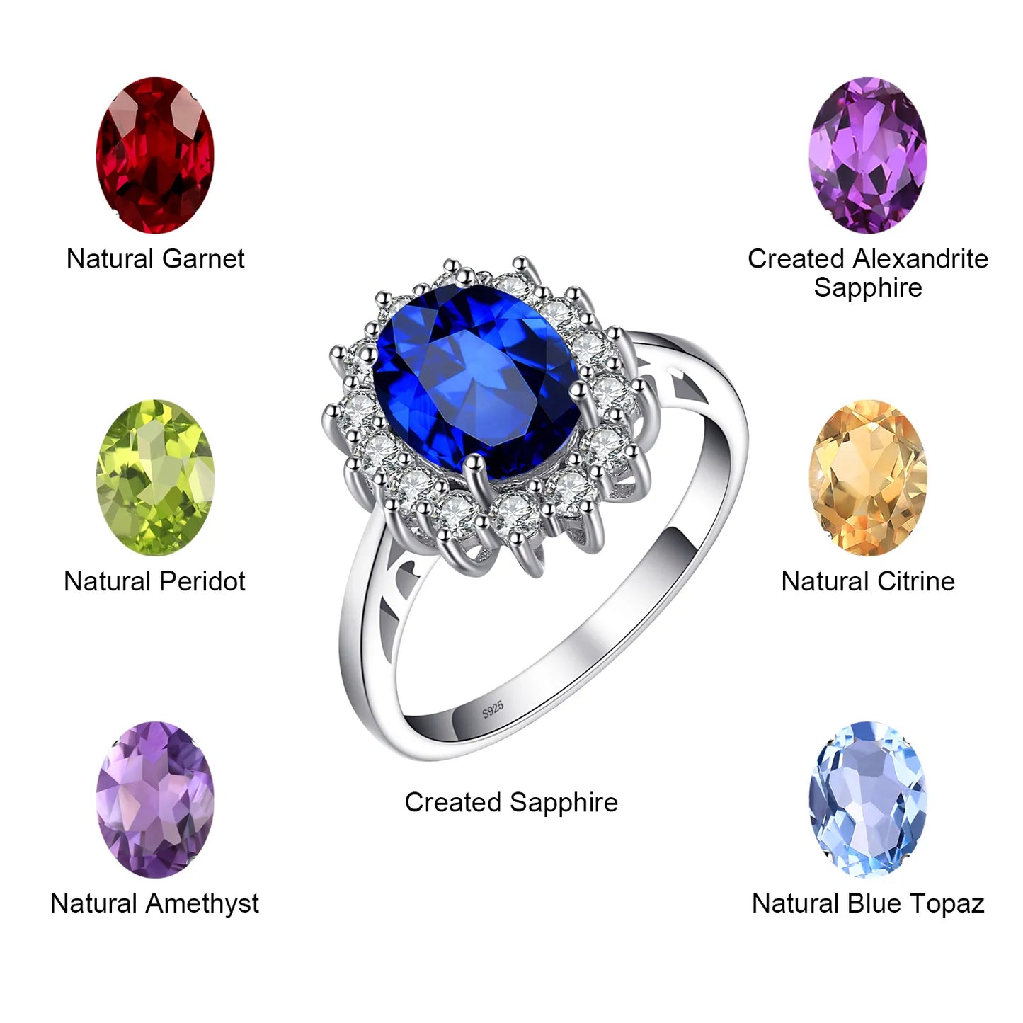 JewelryPalace Princess Diana Created Blue Sapphire 925 Sterling Silver Engagement Ring Ruby Natural Amethyst Citrine Blue Topaz