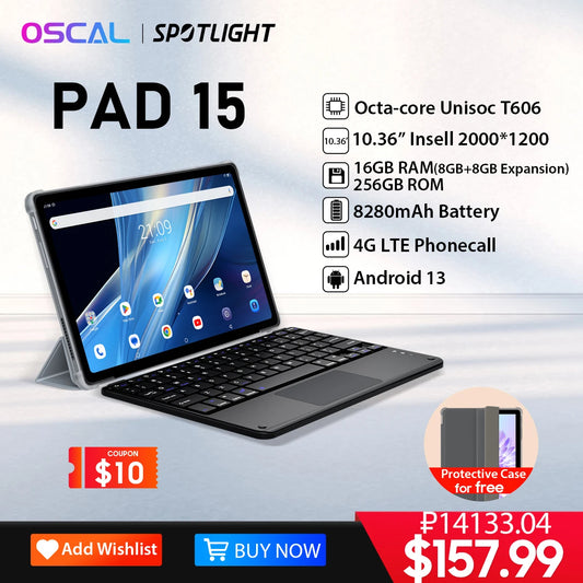 OSCAL Pad 15 Tablet Android 13 10.36inch 2K Display T606 Octa Core 16GB 256GB Tablet 8280mAh With 33W 4G LTE PC