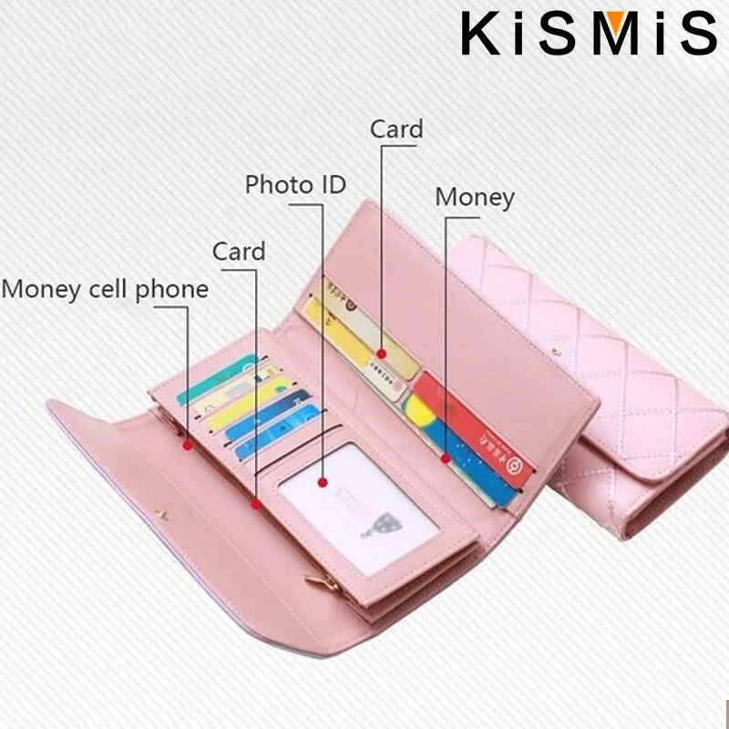 KISMIS Wallets for Women Cute Pink Pocket Womens Wallets Purses Plaid PU Leather Long Wallet Hasp Phone Bag Money Coin Pocket Ca