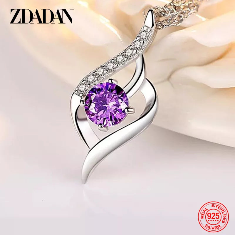 ZDADAN 925 Sterling Silver Heart Amethyst Necklace For Women Fashion Wedding Jewelry