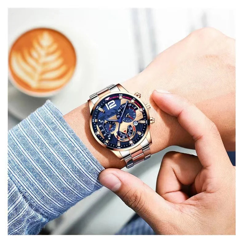 GENEVA New Fashion Watches Men Stainless Steel Top Brand Luxury Sports Chronograph Quartz Watch Men Clock Man Relogio Masculino