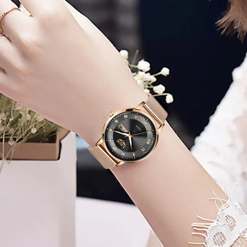 LIGE Women Watch Bracelet Quartz Clock Movement Simple Waterproof Rose Gold Stainless Steel Mesh Ladies Watches Relogio Feminino