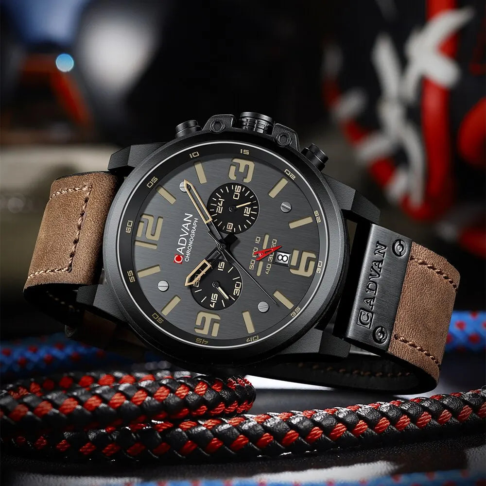 ساعات CADVAN للرجال من أفضل العلامات التجارية الفاخرة ساعة رياضية مقاومة للماء كرونوغراف كوارتز عسكرية من الجلد الأصلي