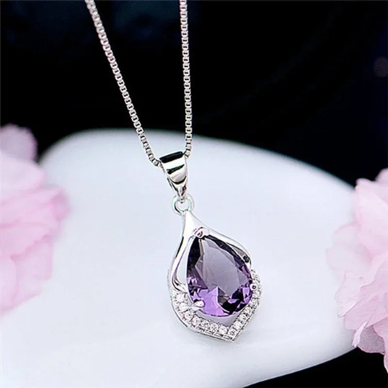 Delysia King Temperament Gemstone Jewelry Waterdrop Amethyst Pendant Necklace for Women