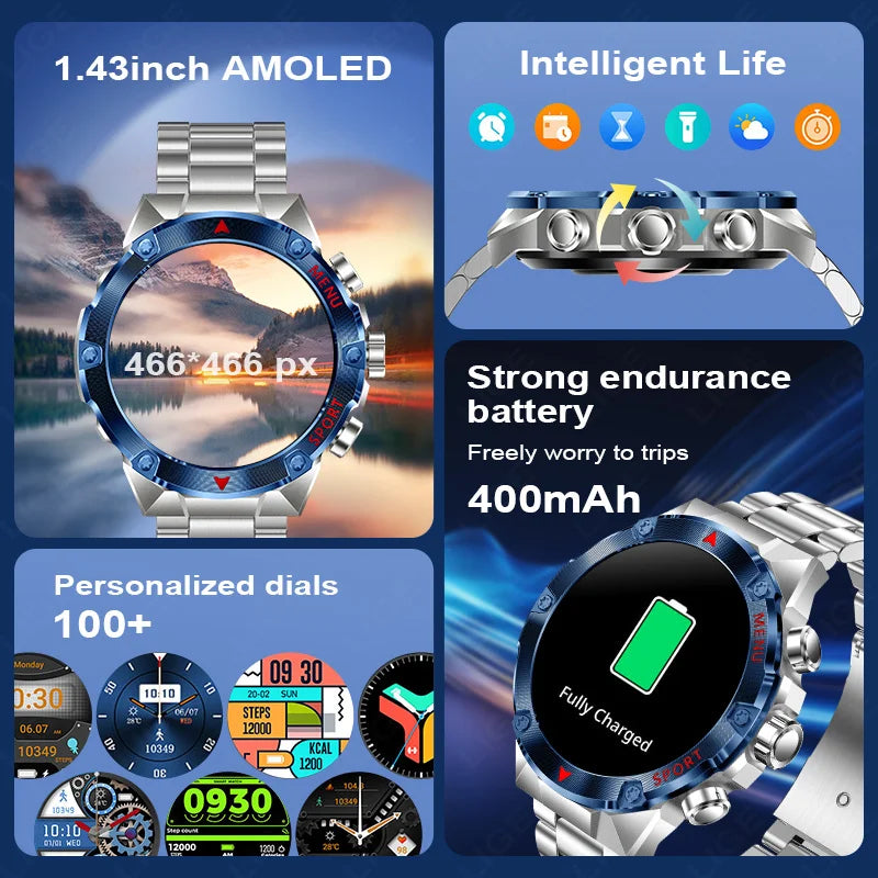 LIGE Bluetooth Call Smart Watch Men 1.43 Inch 466*466 HD AMOLED Screen Waterproof Sports Tracker Health Monitor Men Smartwatch