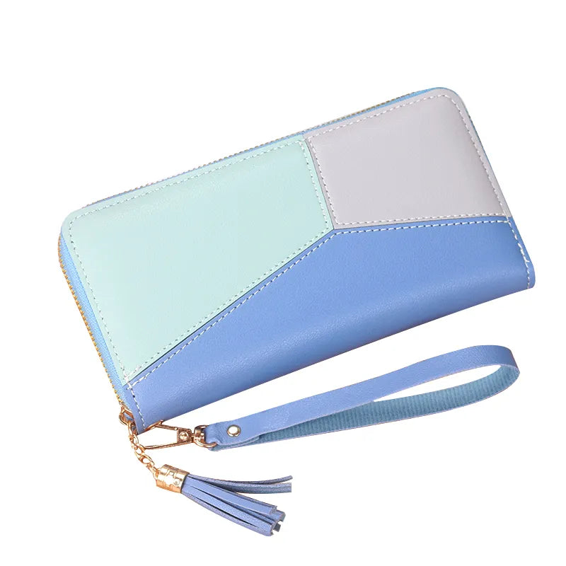 2023 New Women's Wallet Long Contrast Panel Zipper Tassel Large Capacity Wallet Mobile Case