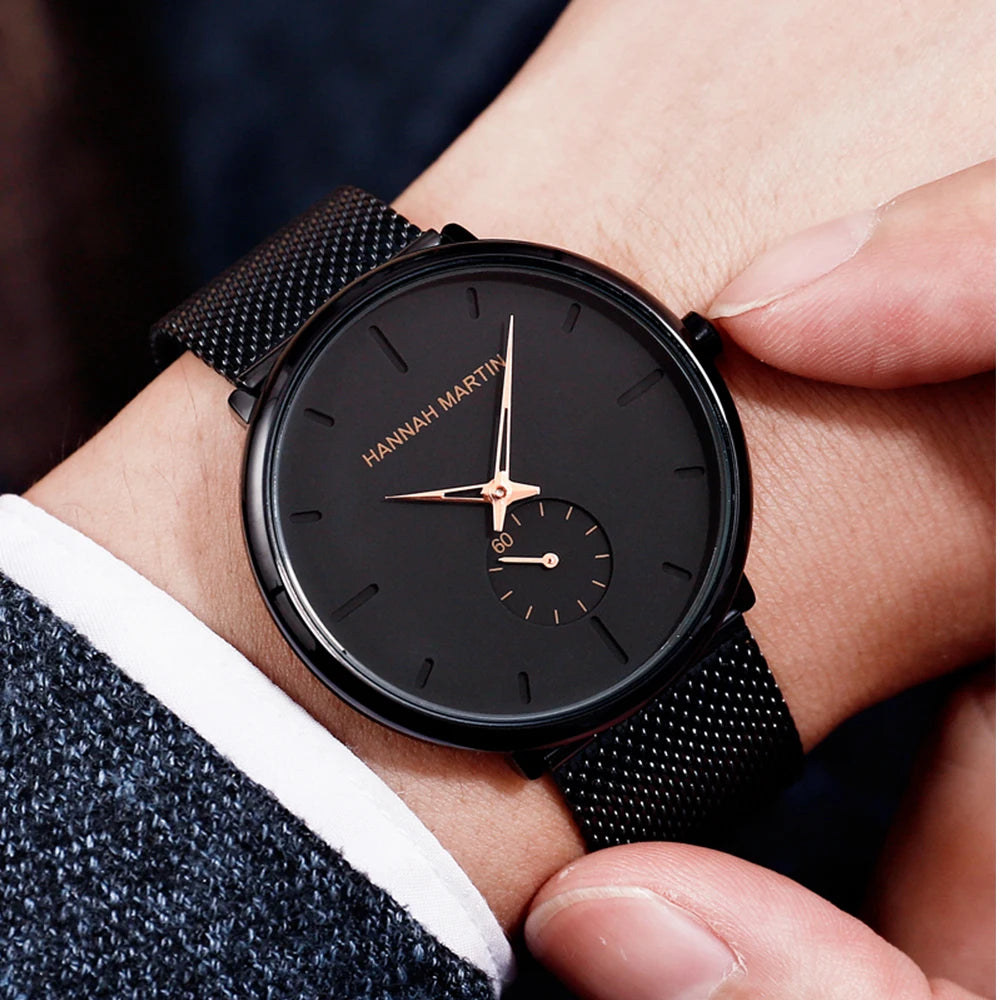 HANNAH MARTIN Mens Watches Top Brand Luxury Quartz Watch Men Casual Slim Mesh Steel Waterproof Sport Wristatchs RelogioMasculino