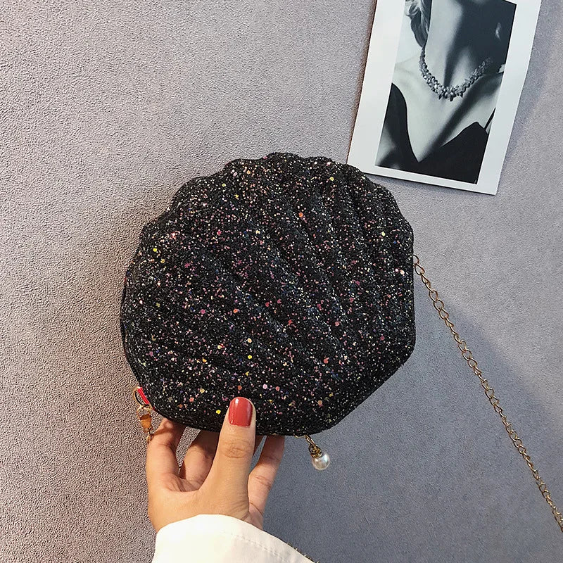 Women Shoulder Handbags Shell Bag Chain Cute Sequins Small Bag Phone Money Pouch Zipper Crossbody Bags for Women Bolsa Feminina