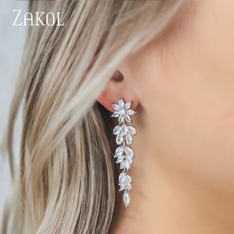 ZAKOL Luxury Gorgeous Marquise Cluster Flower Shape Cubic Zirconia Long Dangle Drop Earrings for Brides Wedding Jewelry EP005