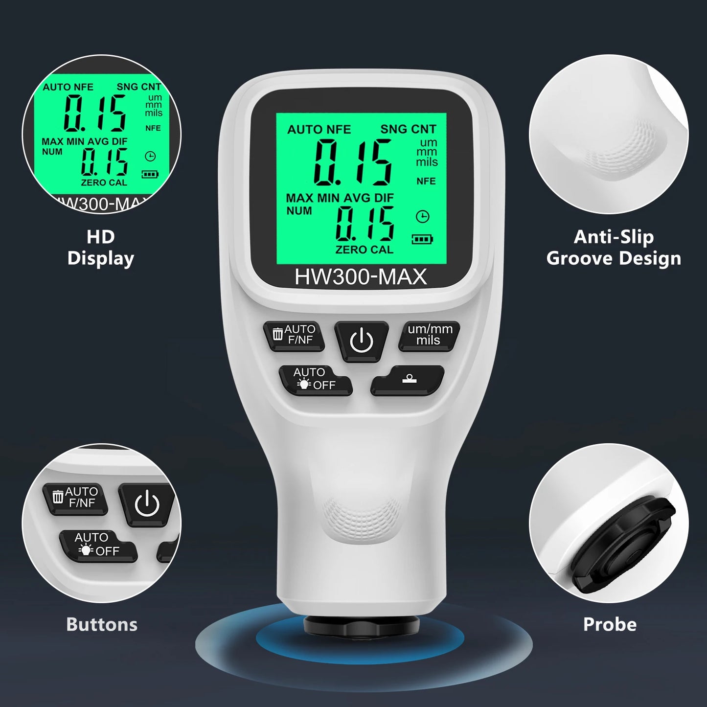 HW-300-MAX Coation Thickness Gauge 0-2000UM Car Paint Film Thickness Tester Car Coating Measuring Tools Automotive Paint Meter