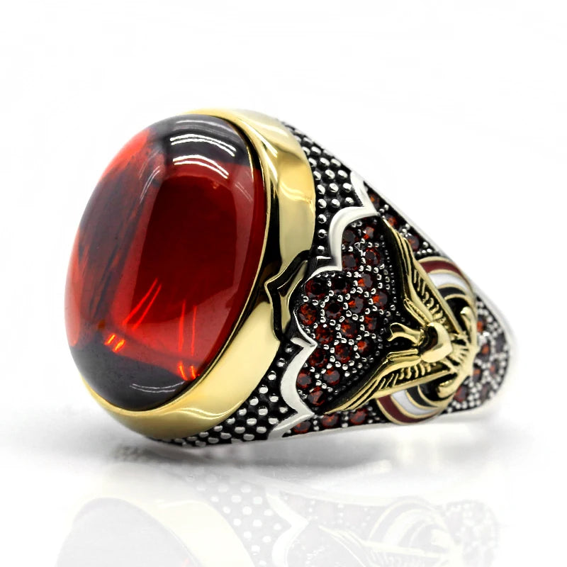 Real Pure Vintage Ring Men's 925 Türkiye Natural Thai Sterling Silver Classic Red Zircon Ring Women's Jewelry Gift DropShipping