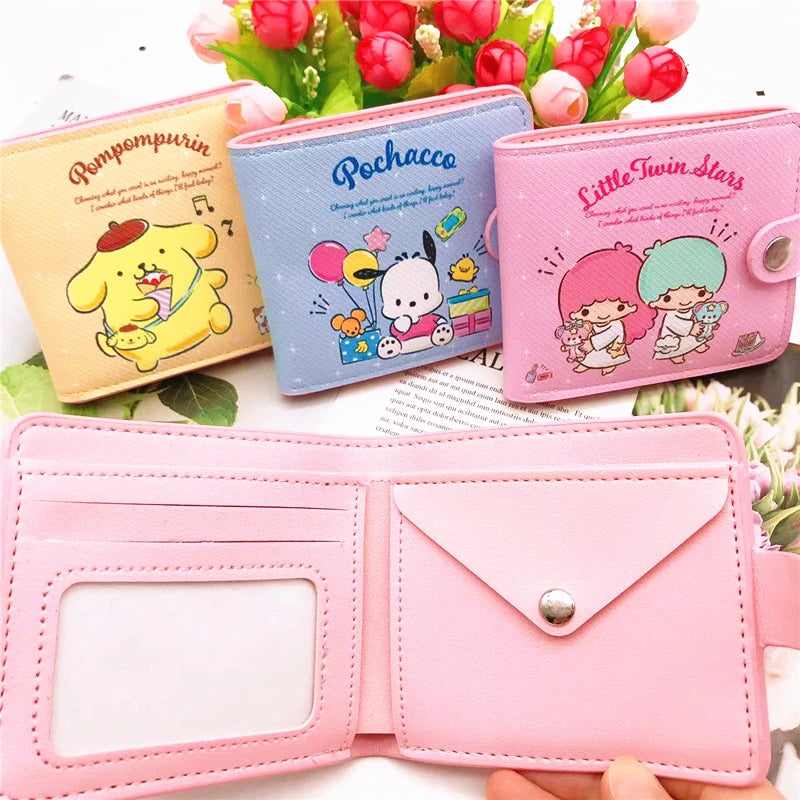 Women Anime Hello Kitty Small Short Wallet for Girls Pink Bag Kuromi Cinnamoroll Kawaii Coin Purse with Buttons Folding Wallets