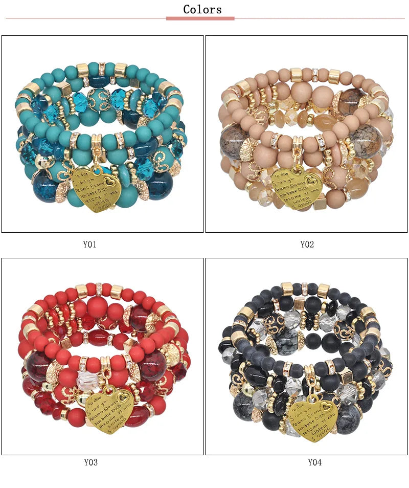 New 4-piece/set Bohemian Love Pendant Crystal Beaded Bracelet Retro EthnicBracelet Personalized Women's Fashion Bracelet Jewelry