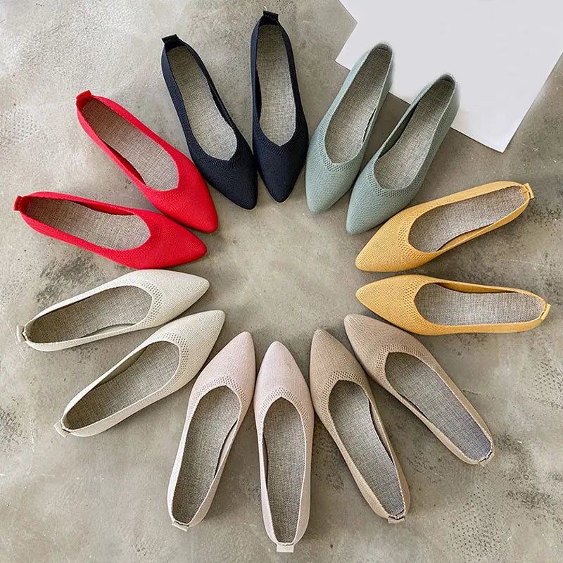 Solid Color Pointed Toe Shallow Women Flats Shoes Mesh Loafers Soft Bottom Knit Ballet Flats Shoes Lazy Slip on Boat Shoes