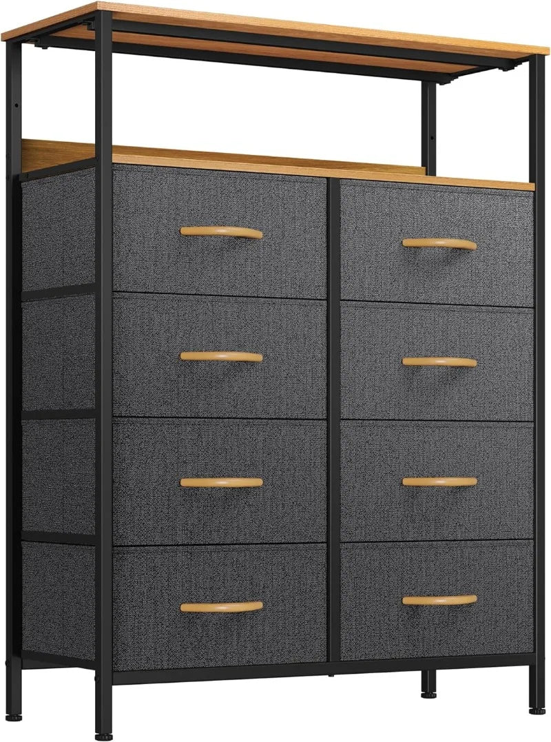 8-Drawer Fabric Dresser with Shelves, Furniture Storage Tower Cabinet, Organizer for Bedroom,, Easy Pull Fabric Bins(Black Grey)