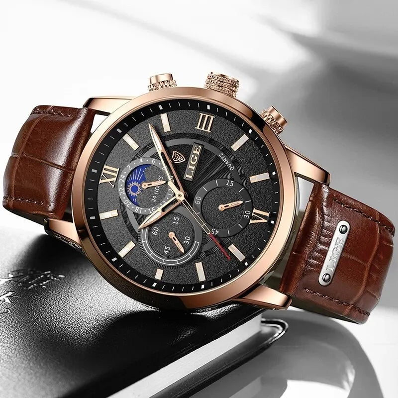 LIGE New Men's Watches Top Brand Luxury Brown Leather Casual Quartz Watch Men Sport Waterproof Clock Watch Relogio Masculino