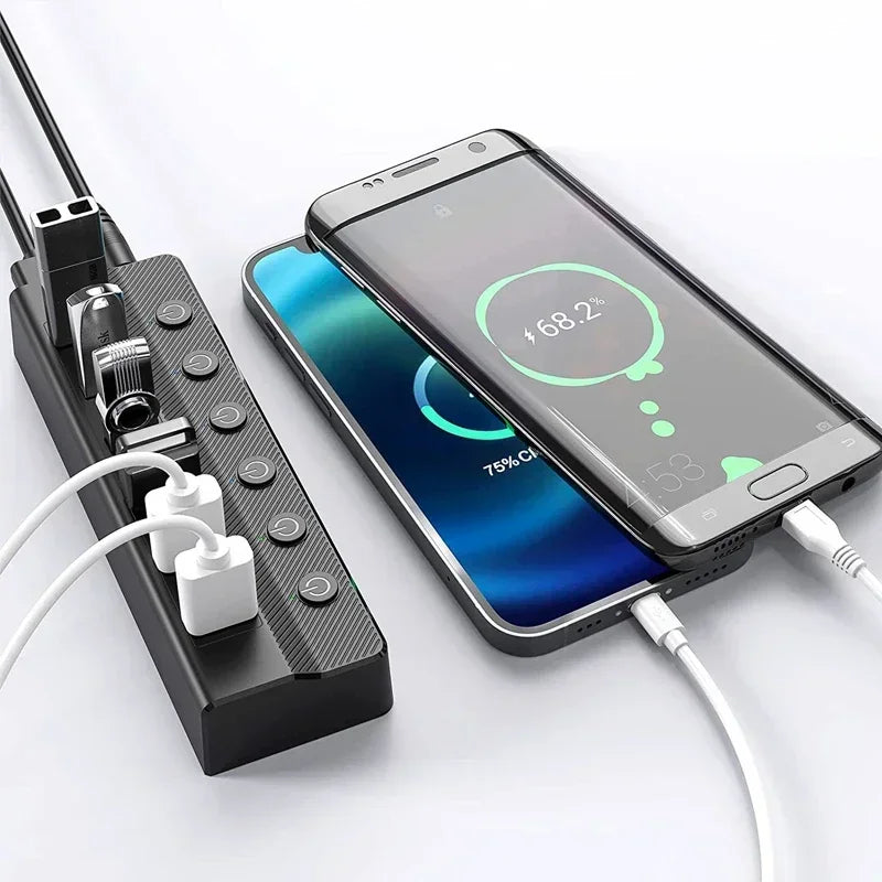 موزع تمديد USB عالي السرعة مزود بمنفذ USB 3.0 مع محول طاقة يدعم الشحن السريع QC 3.0 وملحقات الكمبيوتر المحمول والكمبيوتر الشخصي