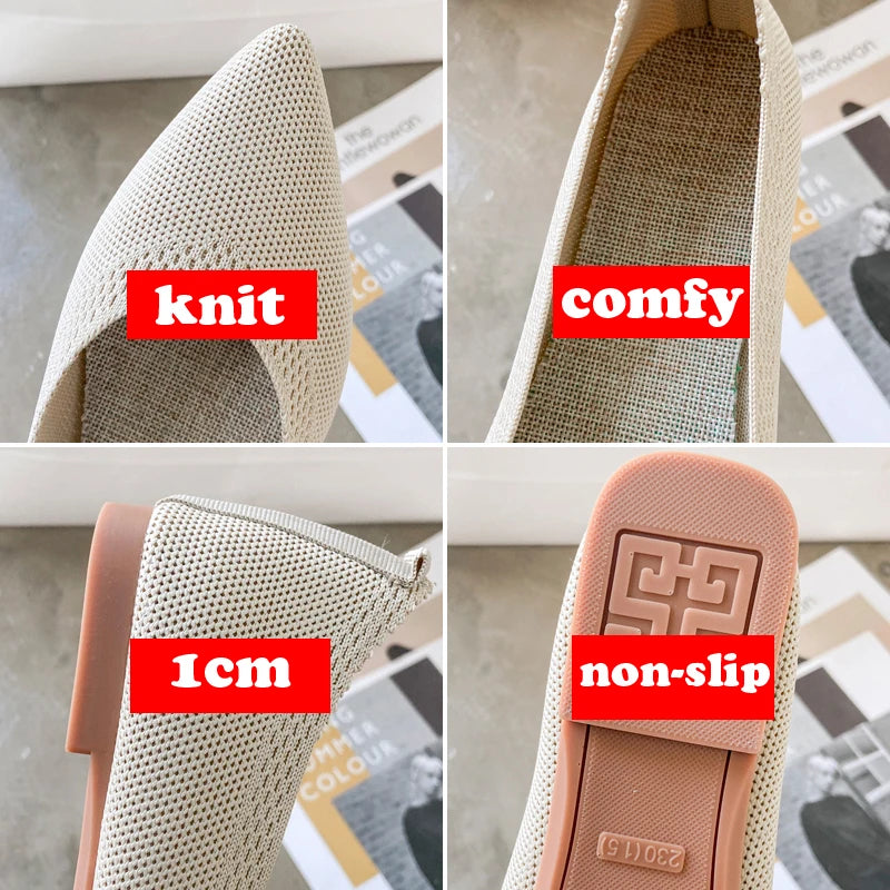 Solid Color Pointed Toe Shallow Women Flats Shoes Mesh Loafers Soft Bottom Knit Ballet Flats Shoes Lazy Slip on Boat Shoes