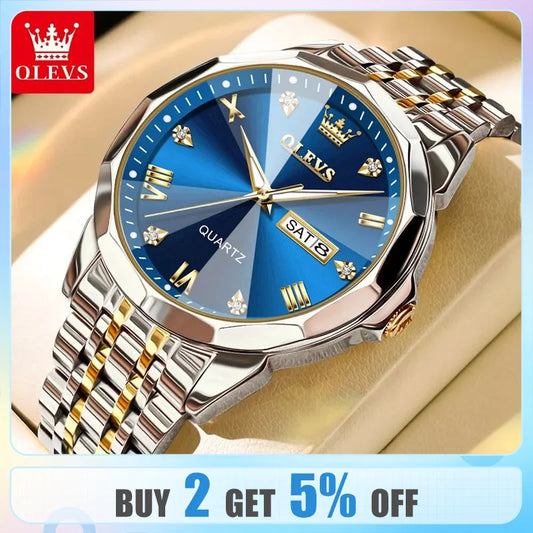 OLEVS Men's Watches Rhombus Mirror Original Quartz Watch for Man Waterproof Luminous Stainless Steel Wristwatch Male Date Week