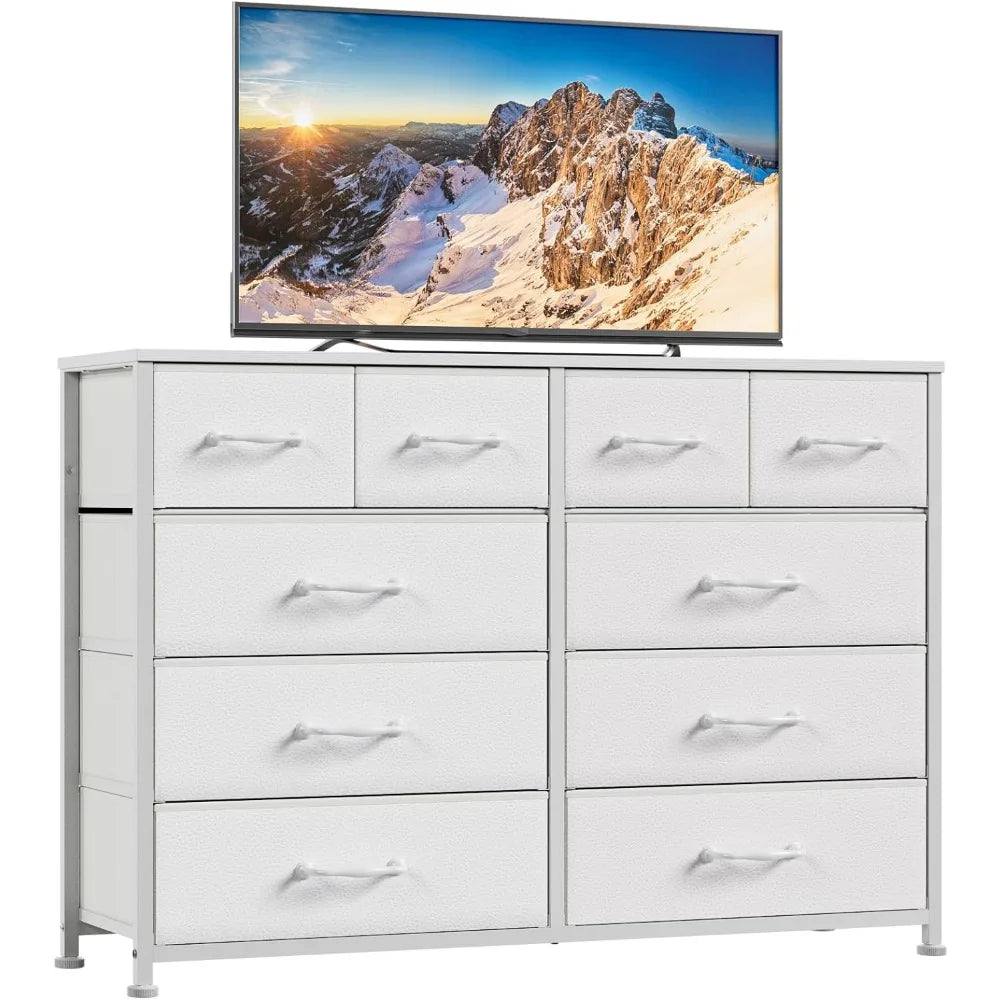 10 Drawers Dresser for Bedroom, White Dresser for 55'' Long TV Stand Entertainment Center, Fabric Bins, Wood Top (White)