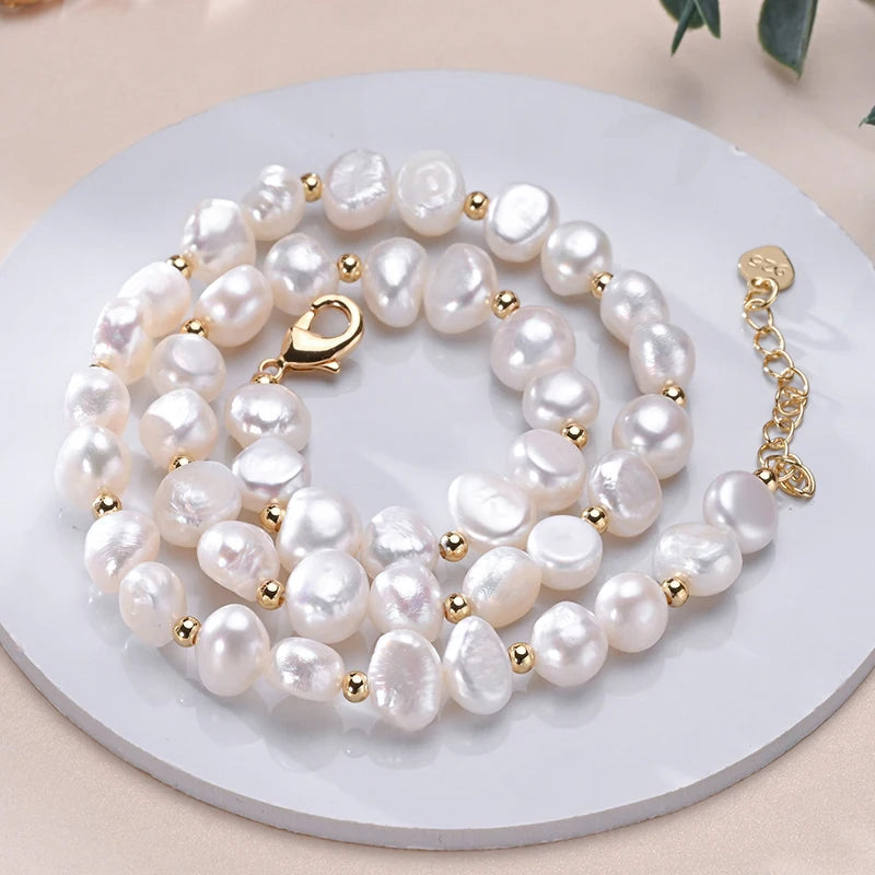 HENGSHENG Baroque Freshwater 8-9mm White Pearl With Small Gold Bead Necklace 925 Sterling Silver Jewelry Gift for Women Girls