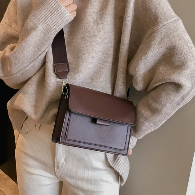 Ladies Messenger Bag New Solid Color 2023 New Trendy Wide Shoulder Strap Small Square Bag Retro Casual Simple Crossbody Bag