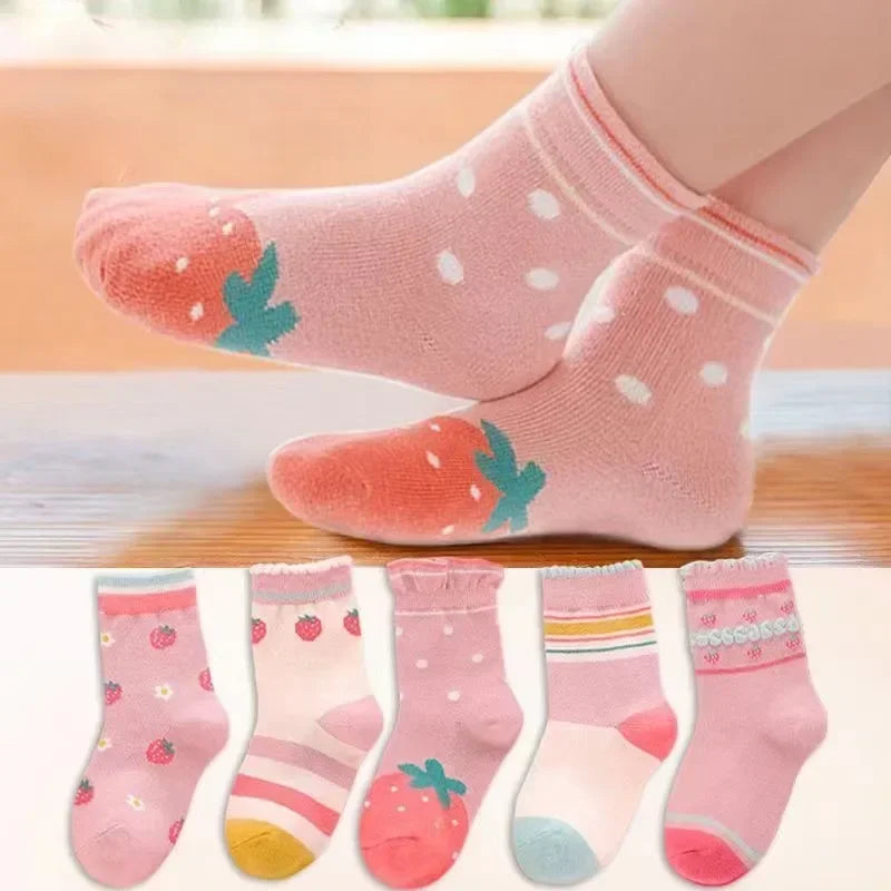 5 Pairs/Lot Kids Soft Cotton Socks Korean Love Heart Flower Print Baby Girl Socks Autumn Winter Warm Children Middle Tube Socks