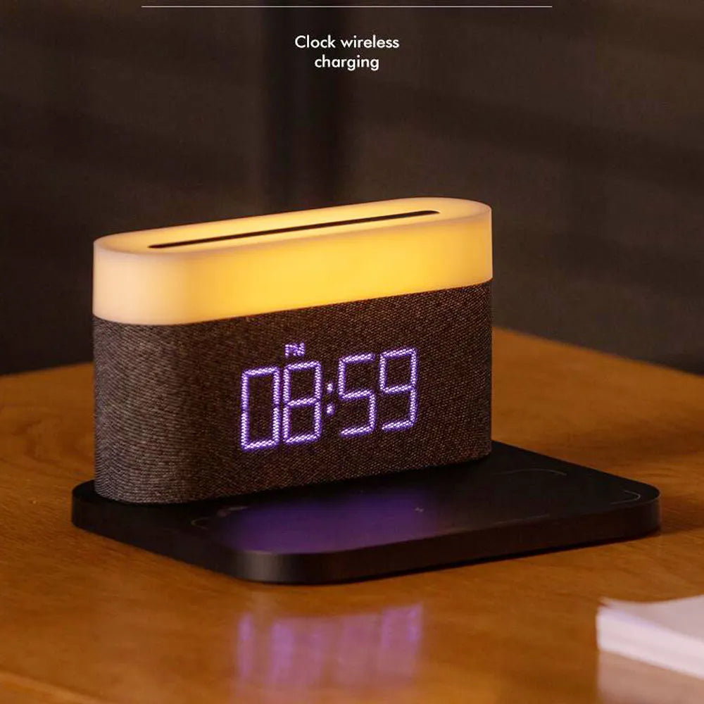 Promise Dimming Atmosphere Light Table Lamp Desk Small Alarm Clock With Mobile Phone Fast Wireless Charging Room Decoration Gift