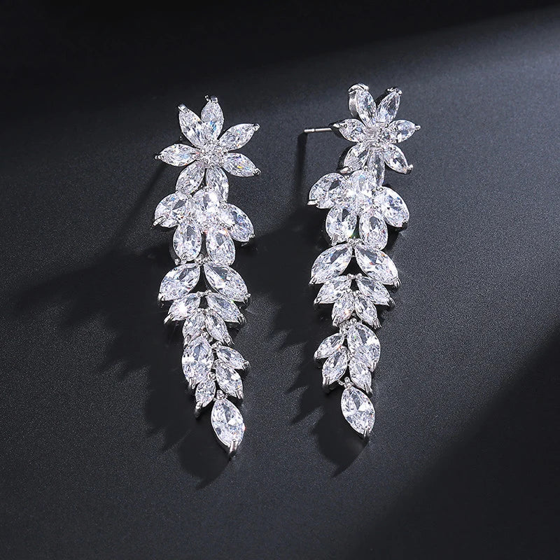 ZAKOL Luxury Gorgeous Marquise Cluster Flower Shape Cubic Zirconia Long Dangle Drop Earrings for Brides Wedding Jewelry EP005