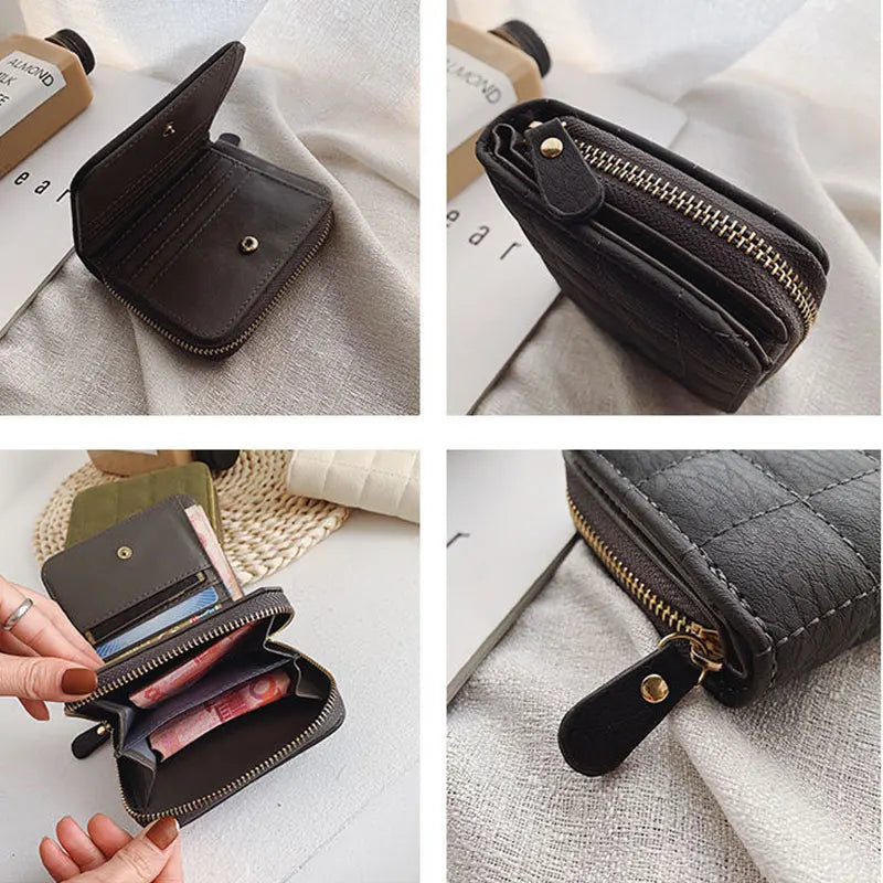 Women Fashion Small Zipper Wallet with Coin Purse PU Leather Plaid Purses Ladies Cute Mini Korean Version Small Card Pack New In