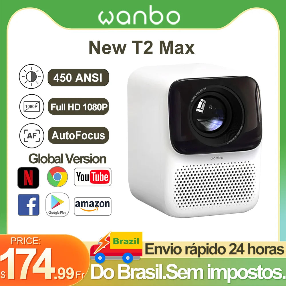 2023 Wanbo New T2 Max Smart Portable Projector Global Version HD 1080P 450ANSI Lumens  AI Autofocus Protable Home Theater Beamer