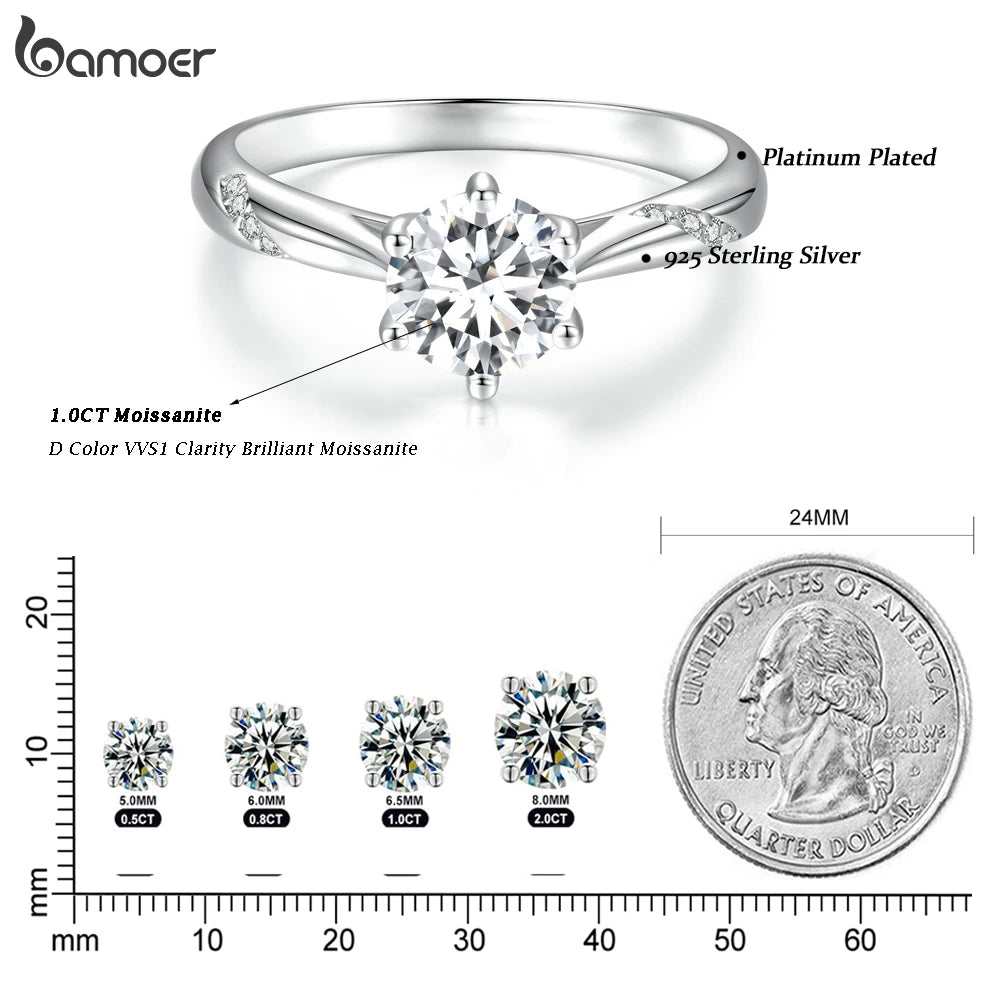 BAMOER D Color VVS1 EX Moissanite Ring 1ct Round Moissanite Diamond Solitaire Engagement 925 Sterling Silver Rings For Women