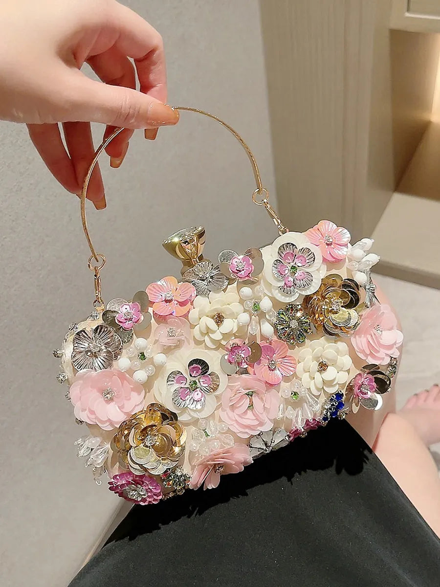 3D Beaded Flower Evening Bag, Elegant Box Clutch Purse, Women's Wedding Handbags For Party Prom