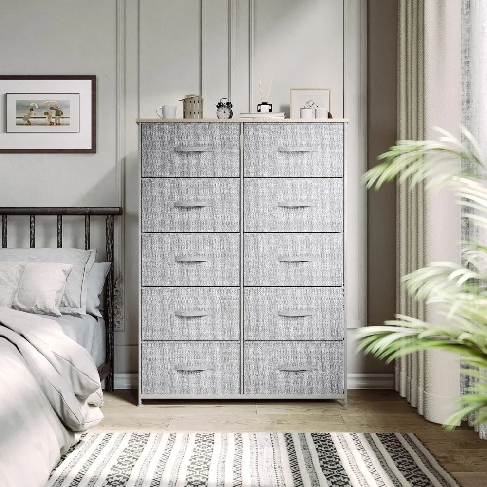 10 Drawer Dresser - Fabric Storage Tower, Living Room, Hallway, Closets & Nursery - Sturdy Steel Frame, (Light Grey)