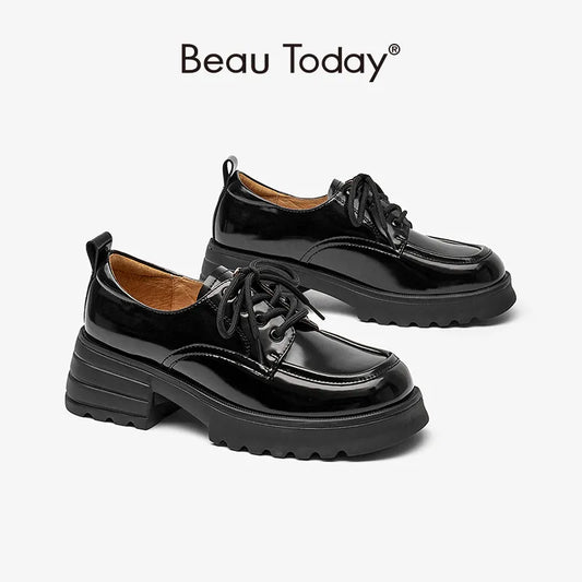 BeauToday Derby Shoes Women Genuine Cow Leather Lace Up Design Round Toe Platform Sole Retro Female Flat Shoes Handmade 21912