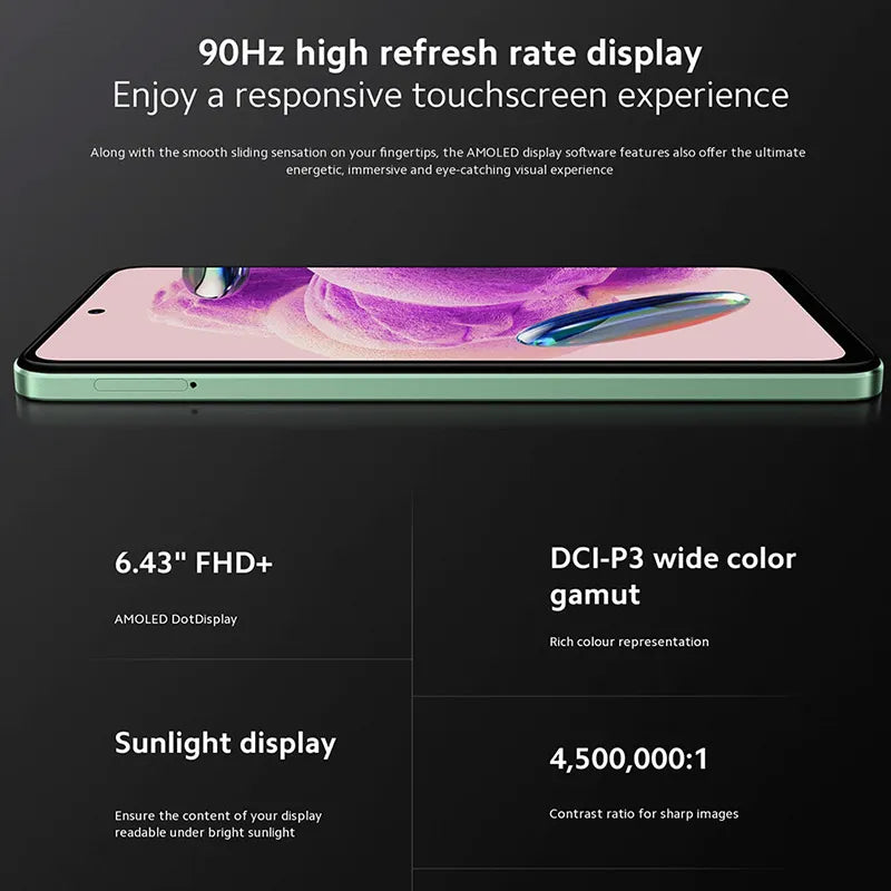 النسخة العالمية الجديدة من هاتف Xiaomi Redmi Note 12S بذاكرة وصول عشوائي (RAM) سعة 256 جيجابايت وذاكرة قراءة فقط (ROM) وشاشة AMOLED مقاس 6.43 بوصة وكاميرا بدقة 108 ميجابكسل ومعالج MTK Helio G96 وبطارية 5000 مللي أمبير في الساعة وتردد 90 هرتز