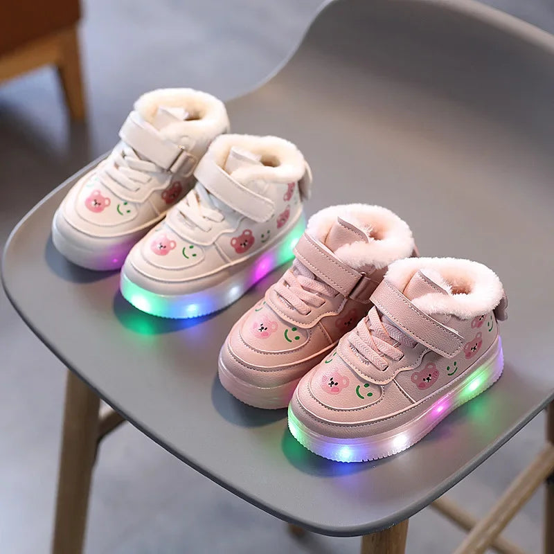 Children Cotton Shoes for Girls Led Lighted Plush Board Shoes Winter Non-slip High Top Sports Shoes Luminous Kids Casual Sneaker