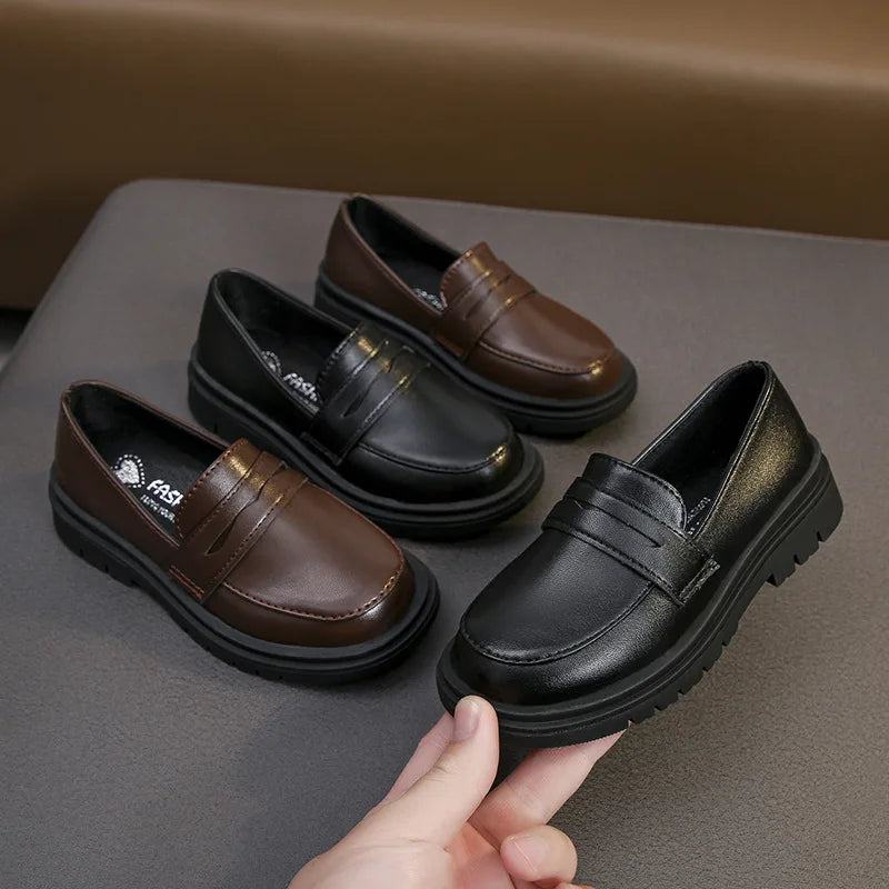 Boys Shoes Leather Fashion All-match 2023 Spring Autumn New England Style Soft Sole Medium and Large Children Performance